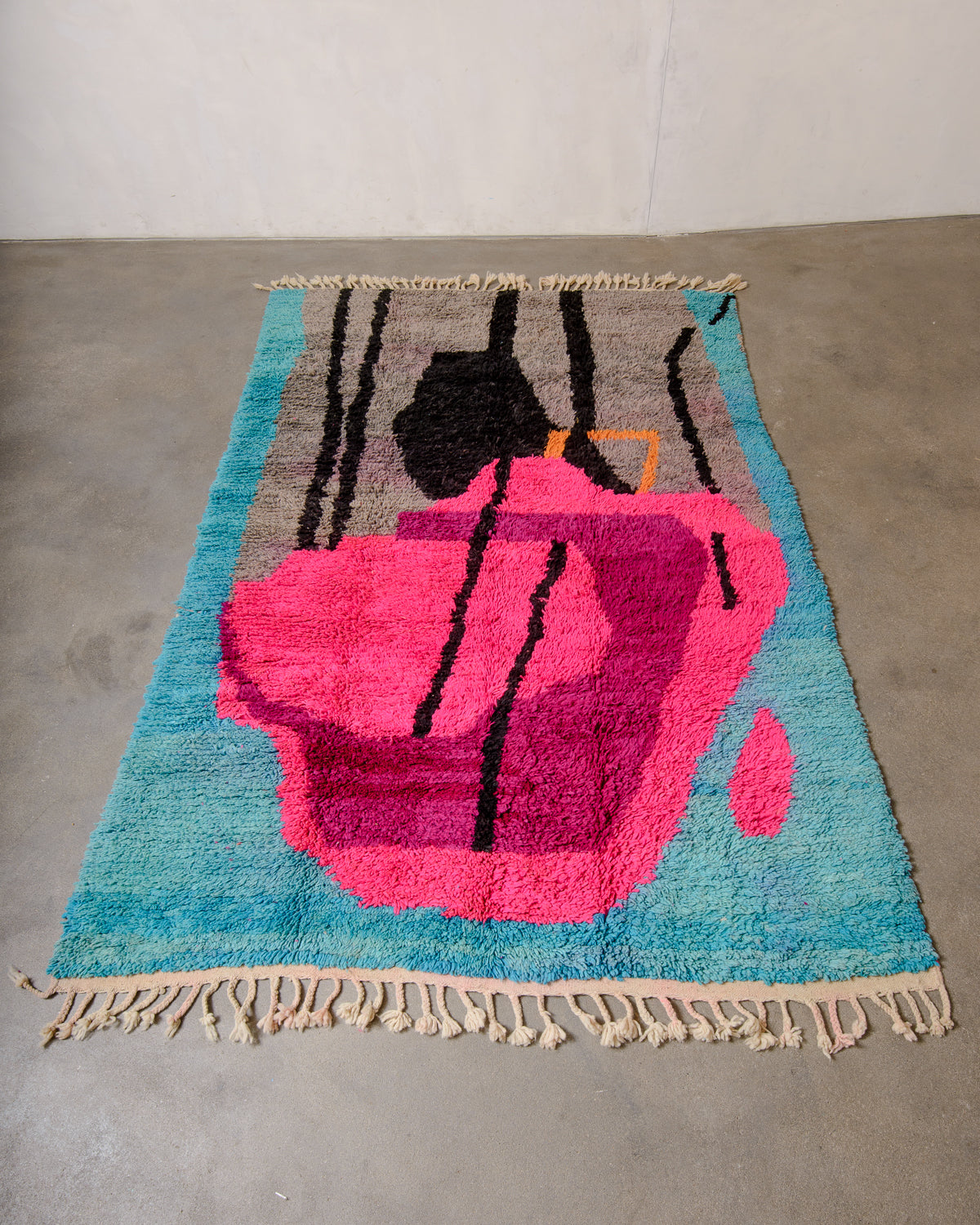 Modern, designer, handcrafted Berber rug from Morocco. Vintage carpet with beautiful colours and patterns and fluffy texture.